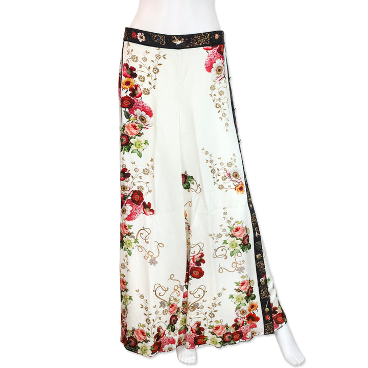 Camilla White Floral Print Crepe Satin Wide Leg Pants