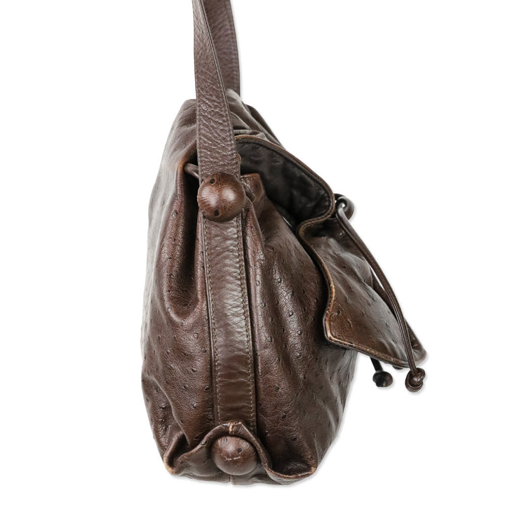 Carlos Falchi Brown Ostrich Leather Drawstring Cinch Crossbody Bag