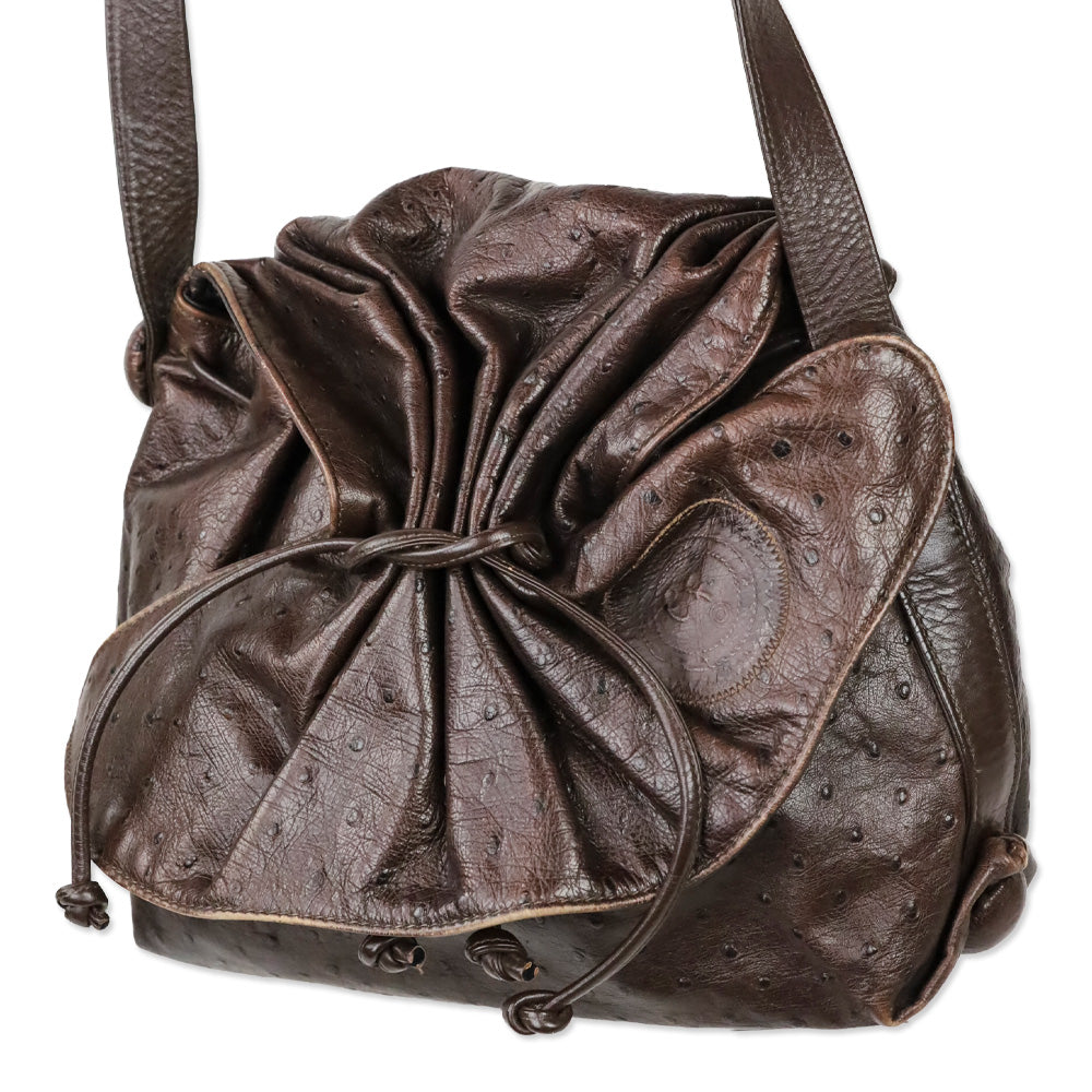 Carlos Falchi Brown Ostrich Leather Drawstring Cinch Crossbody Bag