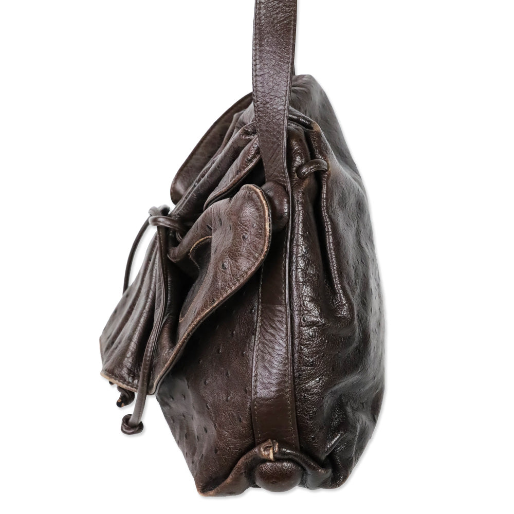 Carlos Falchi Brown Ostrich Leather Drawstring Cinch Crossbody Bag