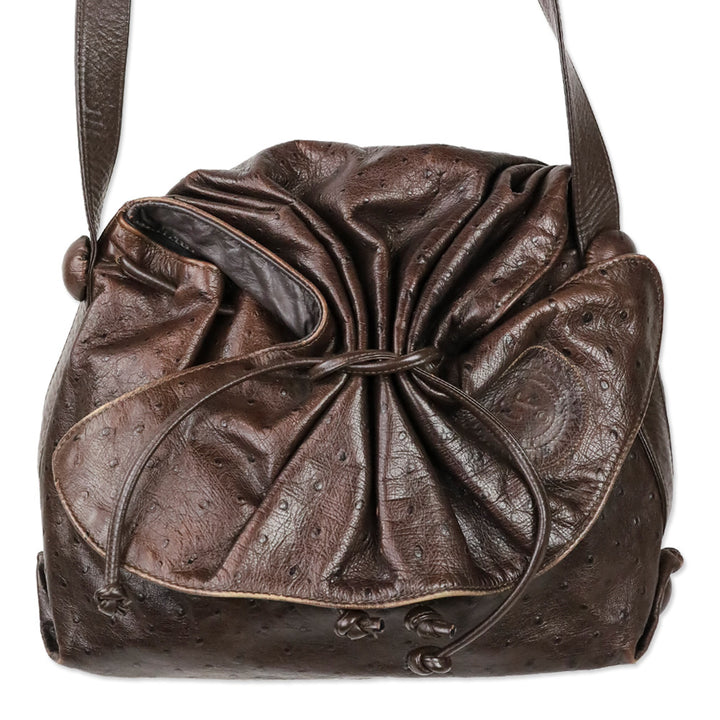 Carlos Falchi Brown Ostrich Leather Drawstring Cinch Crossbody Bag