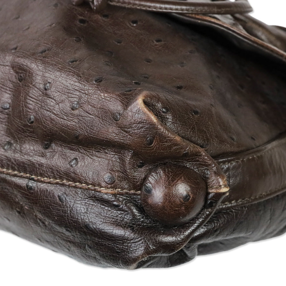 Carlos Falchi Brown Ostrich Leather Drawstring Cinch Crossbody Bag