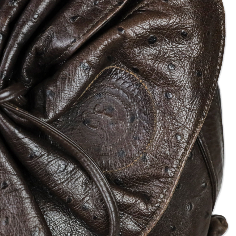 Carlos Falchi Brown Ostrich Leather Drawstring Cinch Crossbody Bag