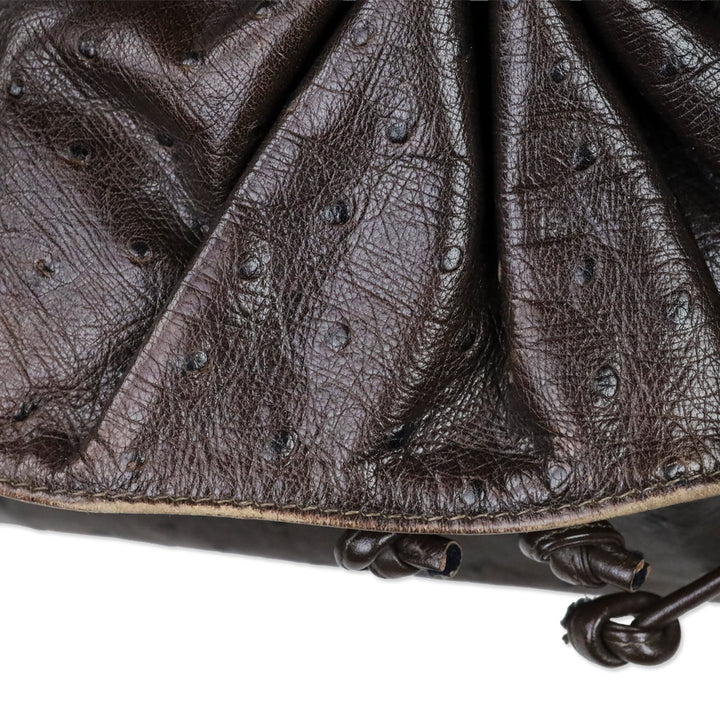 Carlos Falchi Brown Ostrich Leather Drawstring Cinch Crossbody Bag