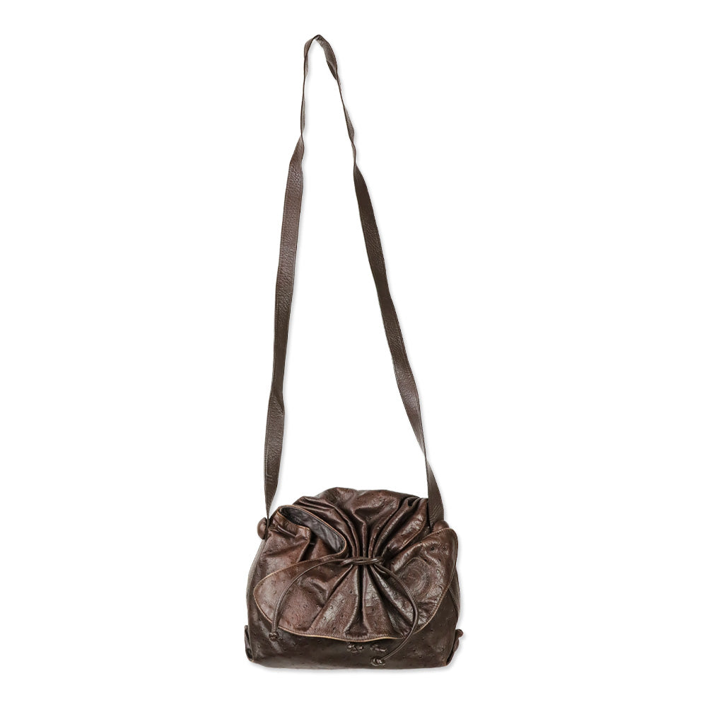 Carlos Falchi Brown Ostrich Leather Drawstring Cinch Crossbody Bag