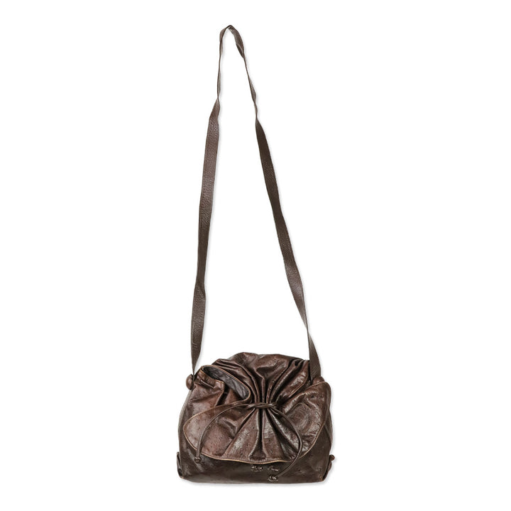 Carlos Falchi Brown Ostrich Leather Drawstring Cinch Crossbody Bag
