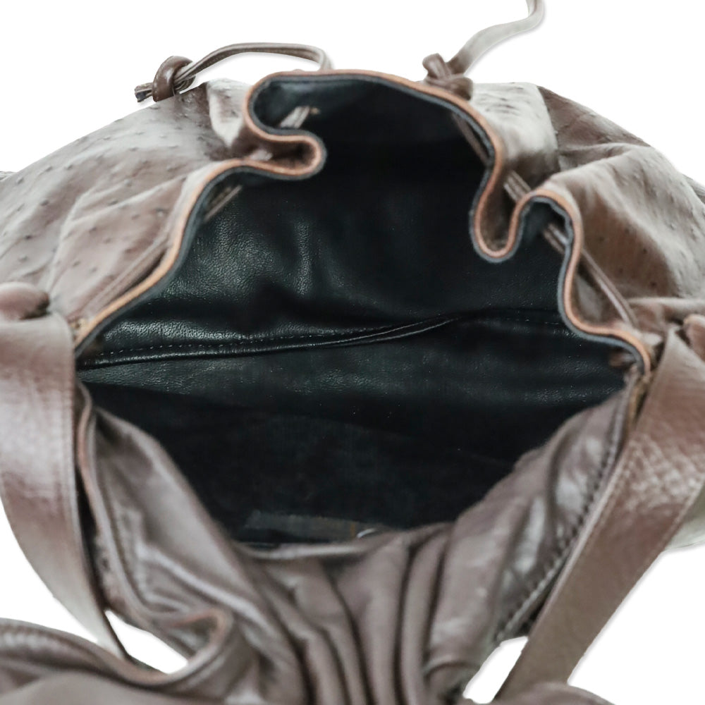 Carlos Falchi Brown Ostrich Leather Drawstring Cinch Crossbody Bag