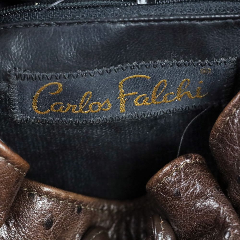 Carlos Falchi Brown Ostrich Leather Drawstring Cinch Crossbody Bag