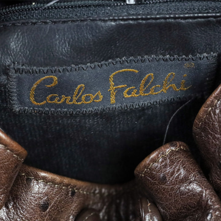 Carlos Falchi Brown Ostrich Leather Drawstring Cinch Crossbody Bag