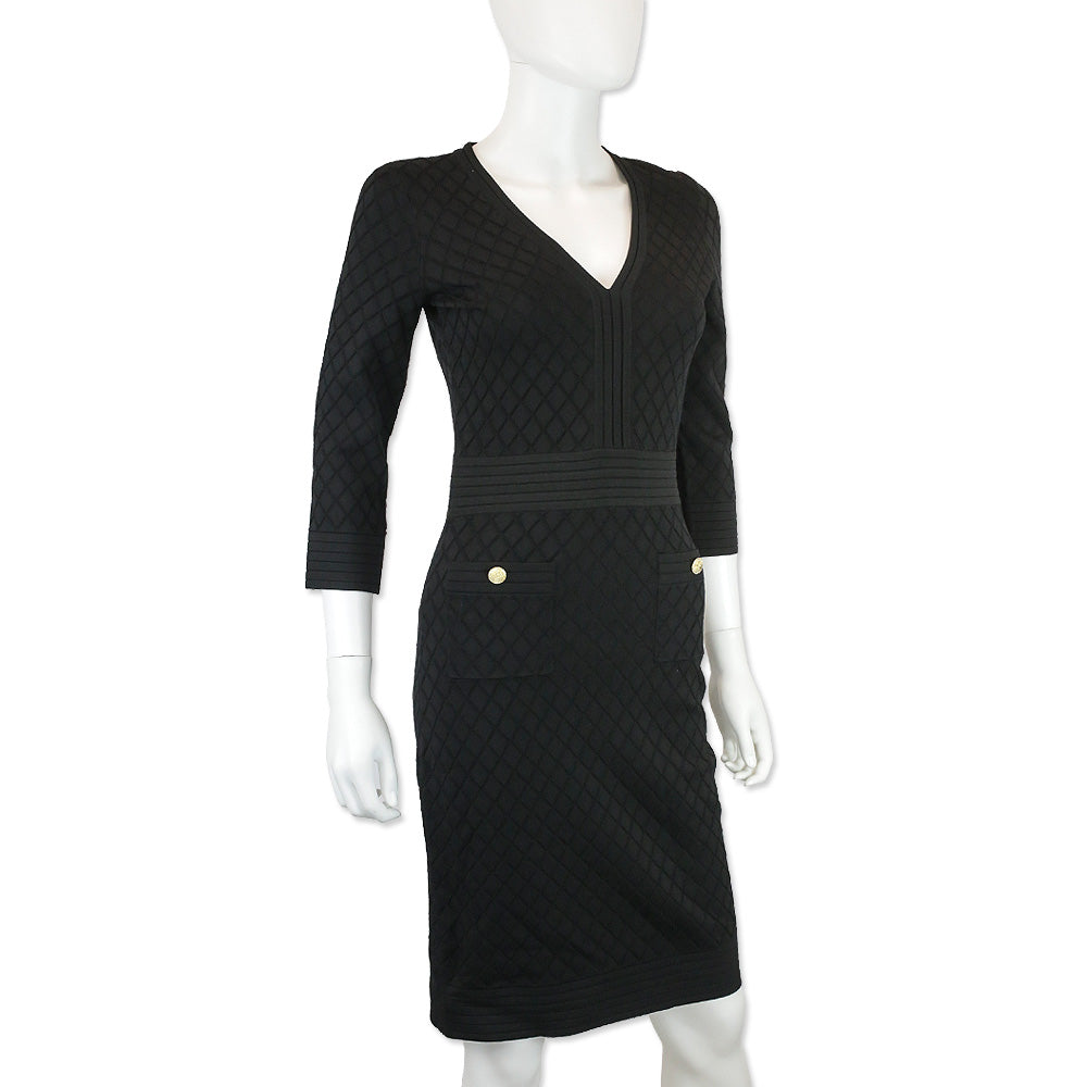 Carolina Herrera Black Pointelle Knit V-Neck Midi Sweater Dress