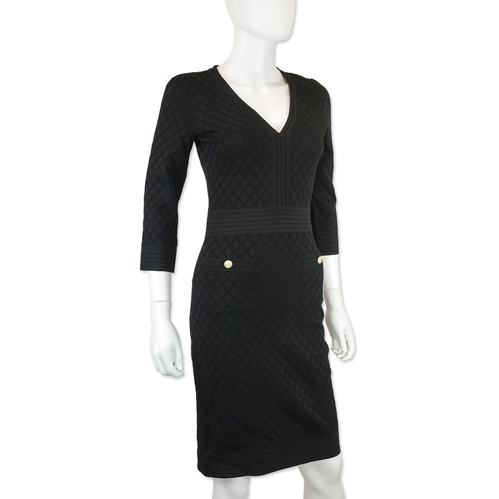 Carolina Herrera Black Pointelle Knit V-Neck Midi Sweater Dress