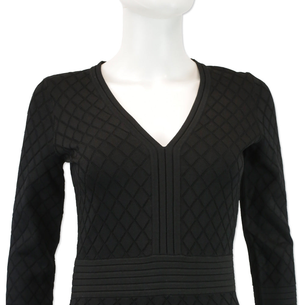 Carolina Herrera Black Pointelle Knit V-Neck Midi Sweater Dress