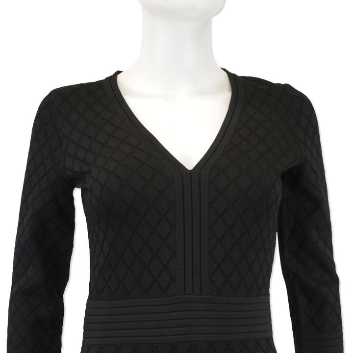 Carolina Herrera Black Pointelle Knit V-Neck Midi Sweater Dress
