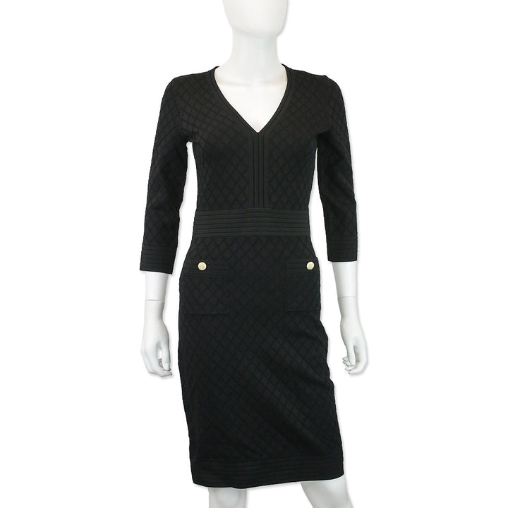 Carolina Herrera Black Pointelle Knit V-Neck Midi Sweater Dress