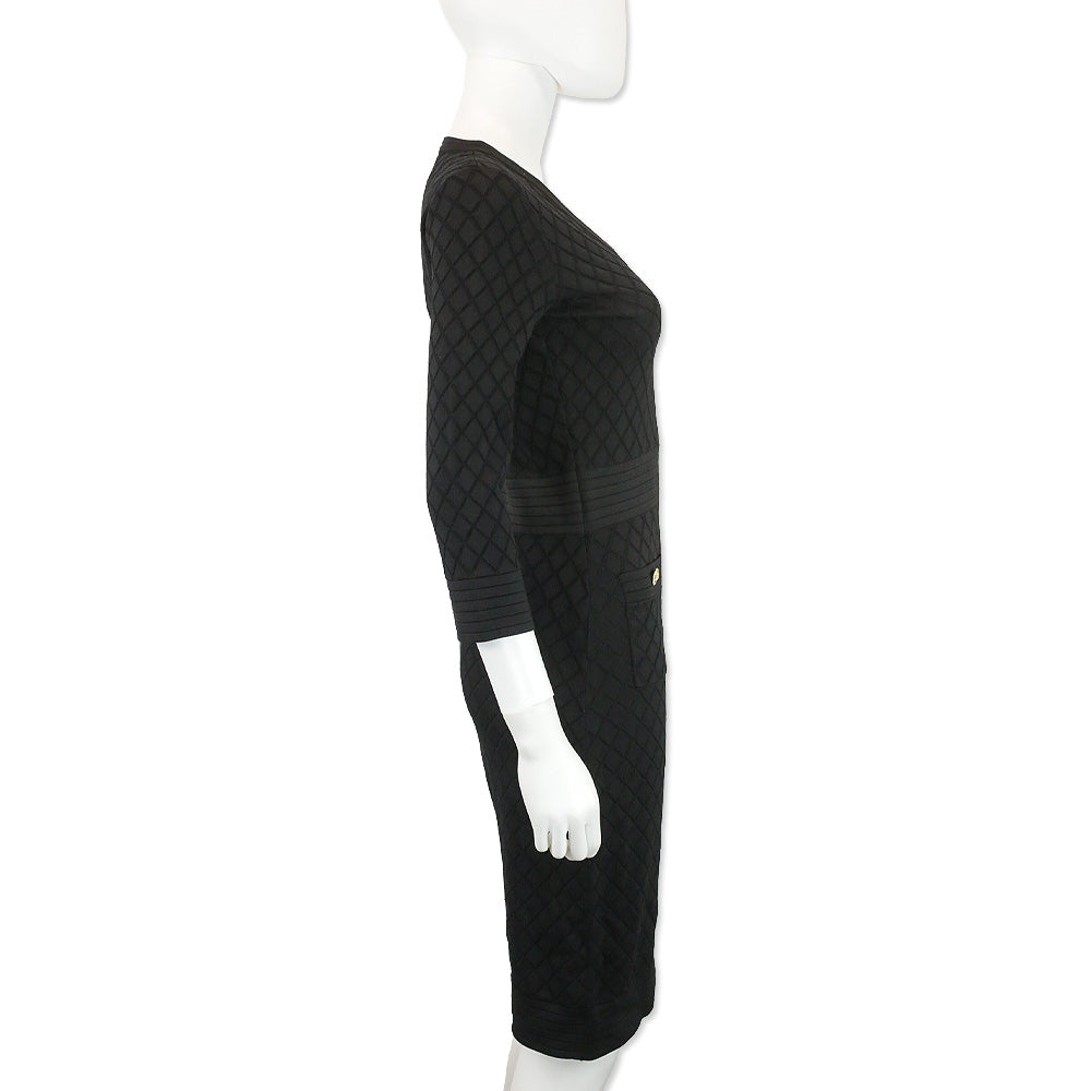 Carolina Herrera Black Pointelle Knit V-Neck Midi Sweater Dress