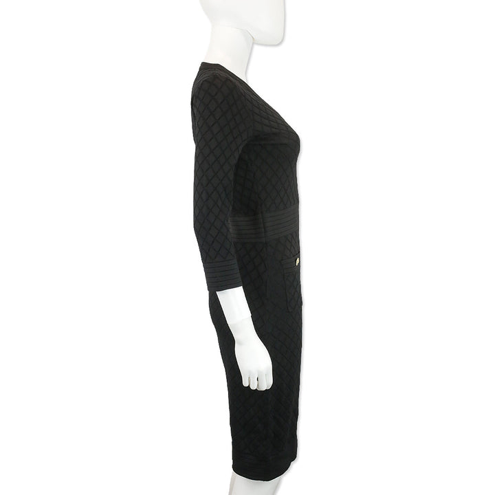 Carolina Herrera Black Pointelle Knit V-Neck Midi Sweater Dress
