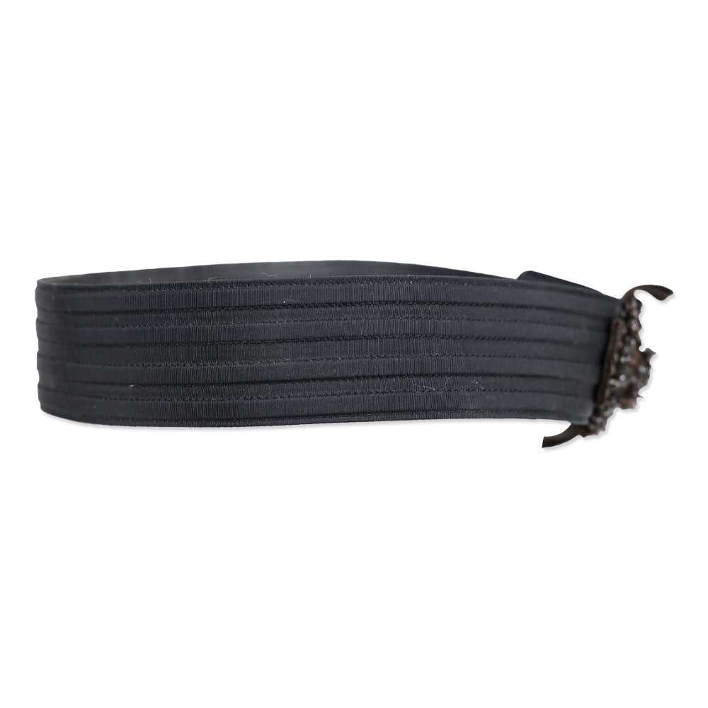 Carolina Herrera Black Ribbed Grosgrain Belt with Brown Beaded Floral Appliqué