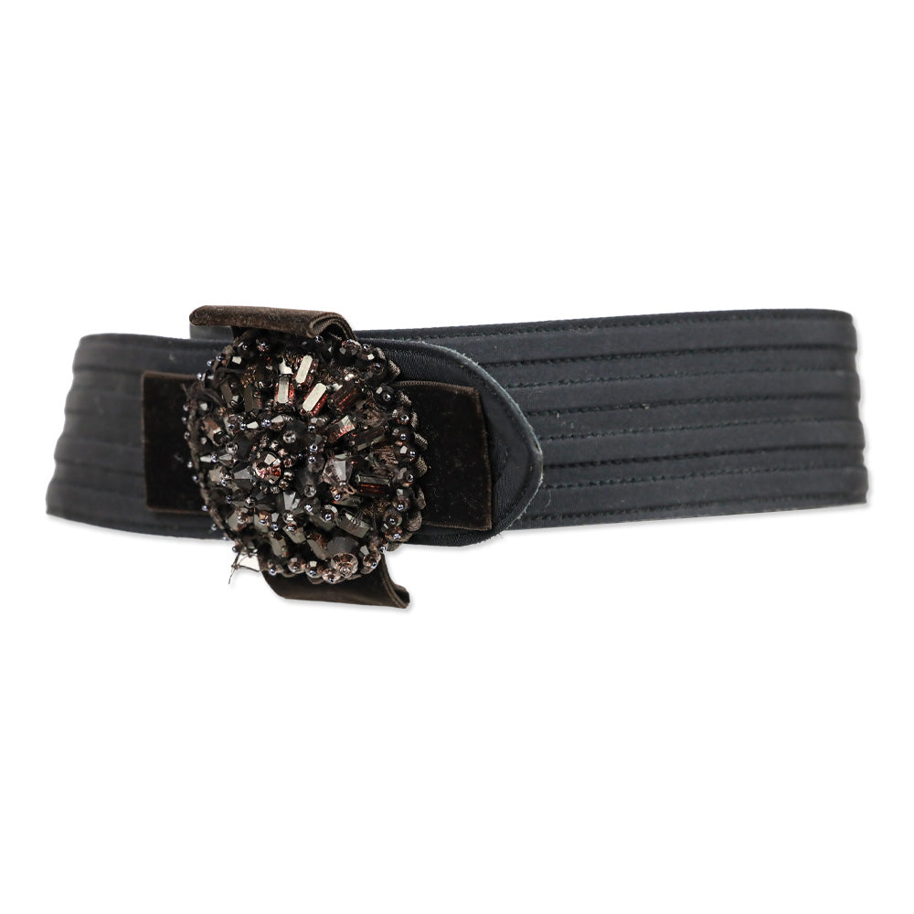 Carolina Herrera Black Ribbed Grosgrain Belt with Brown Beaded Floral Appliqué