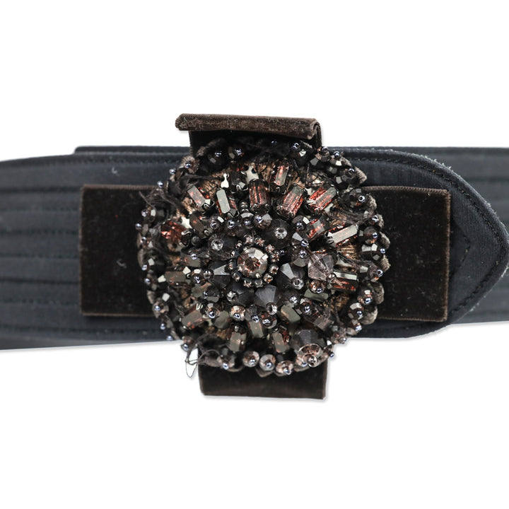 Carolina Herrera Black Ribbed Grosgrain Belt with Brown Beaded Floral Appliqué