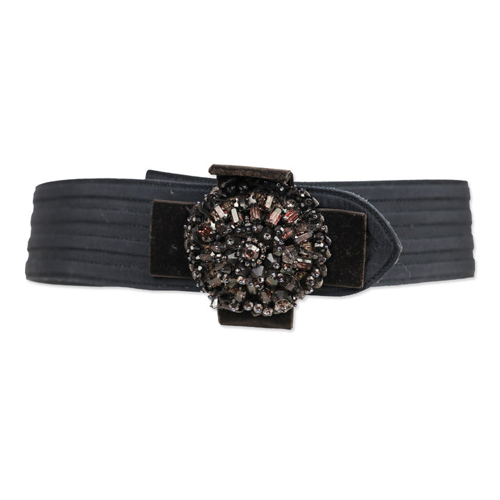 Carolina Herrera Black Ribbed Grosgrain Belt with Brown Beaded Floral Appliqué