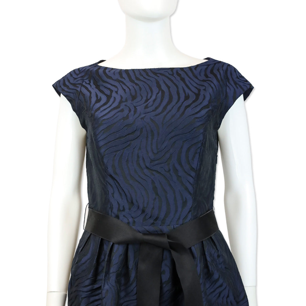 Carolina Herrera Black/Navy Tiger Pattern Belted Sleeveless Dress