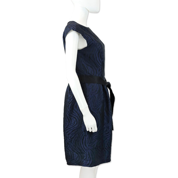 Carolina Herrera Black/Navy Tiger Pattern Belted Sleeveless Dress