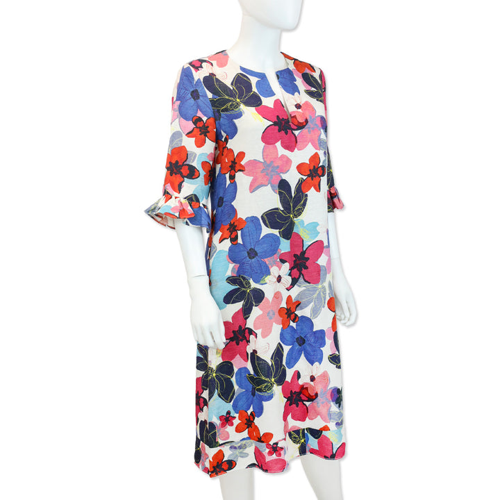 Carolina Herrera Floral Silk/Linen V-Neck Midi Dress