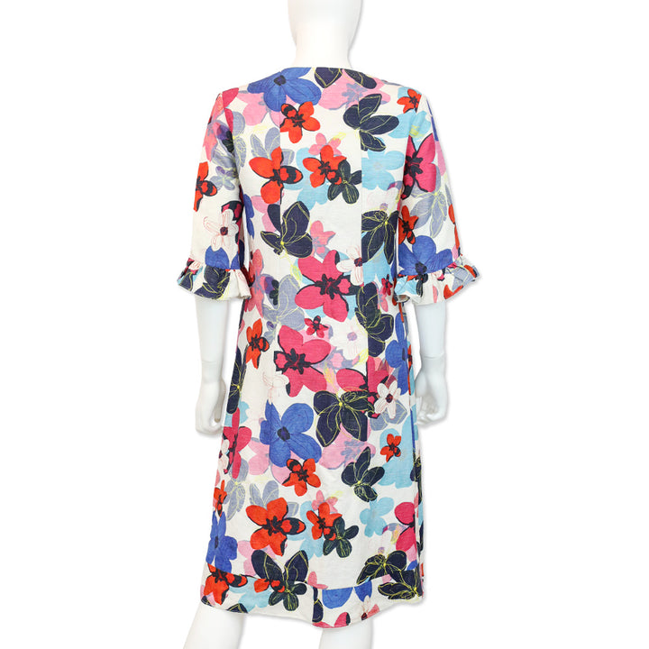 Carolina Herrera Floral Silk/Linen V-Neck Midi Dress