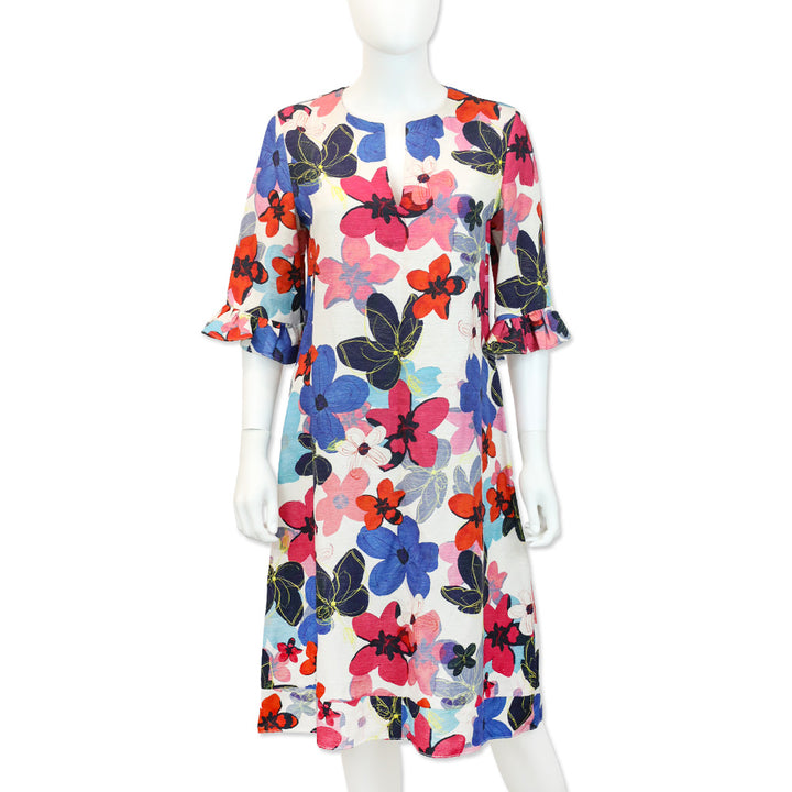 Carolina Herrera Floral Silk/Linen V-Neck Midi Dress