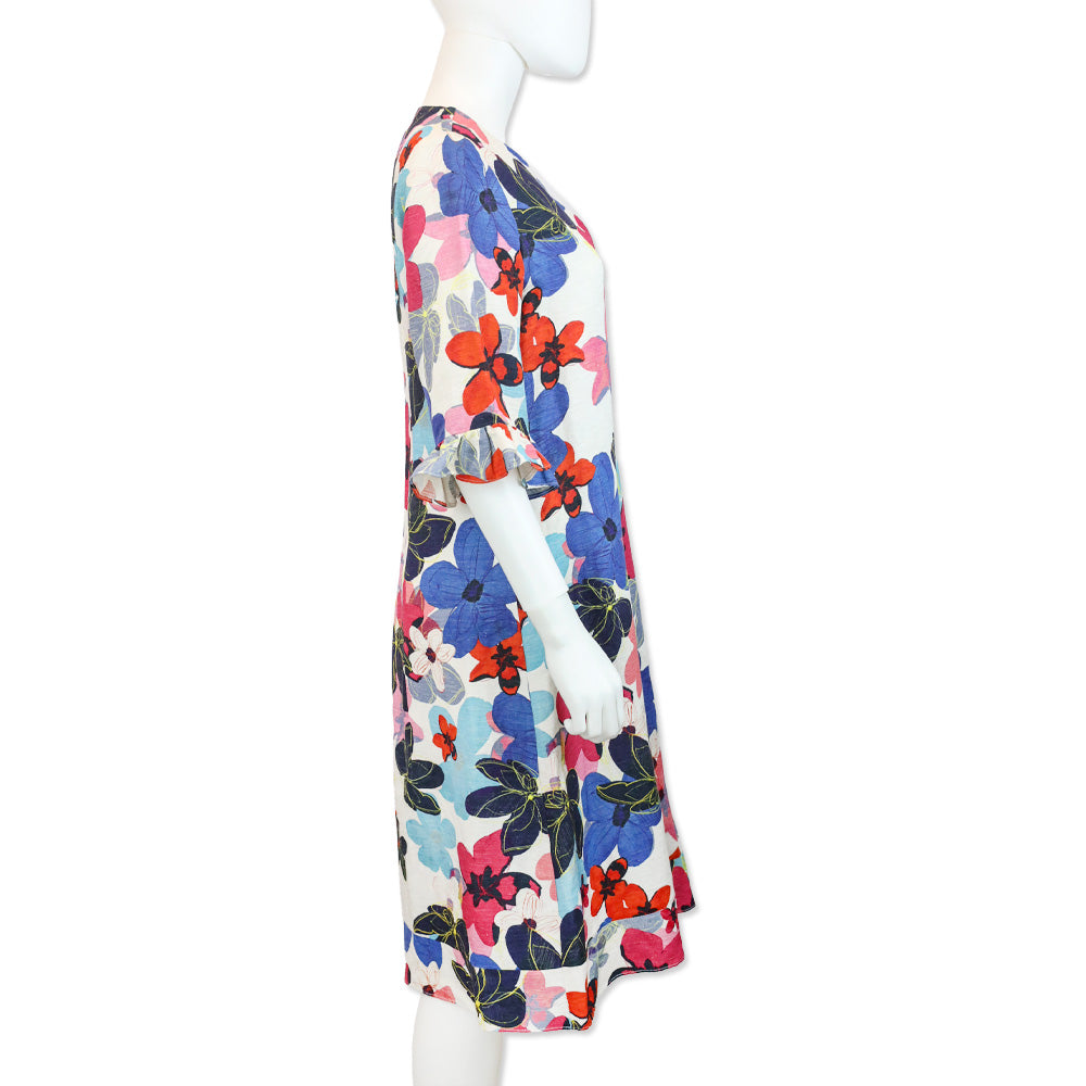 Carolina Herrera Floral Silk/Linen V-Neck Midi Dress