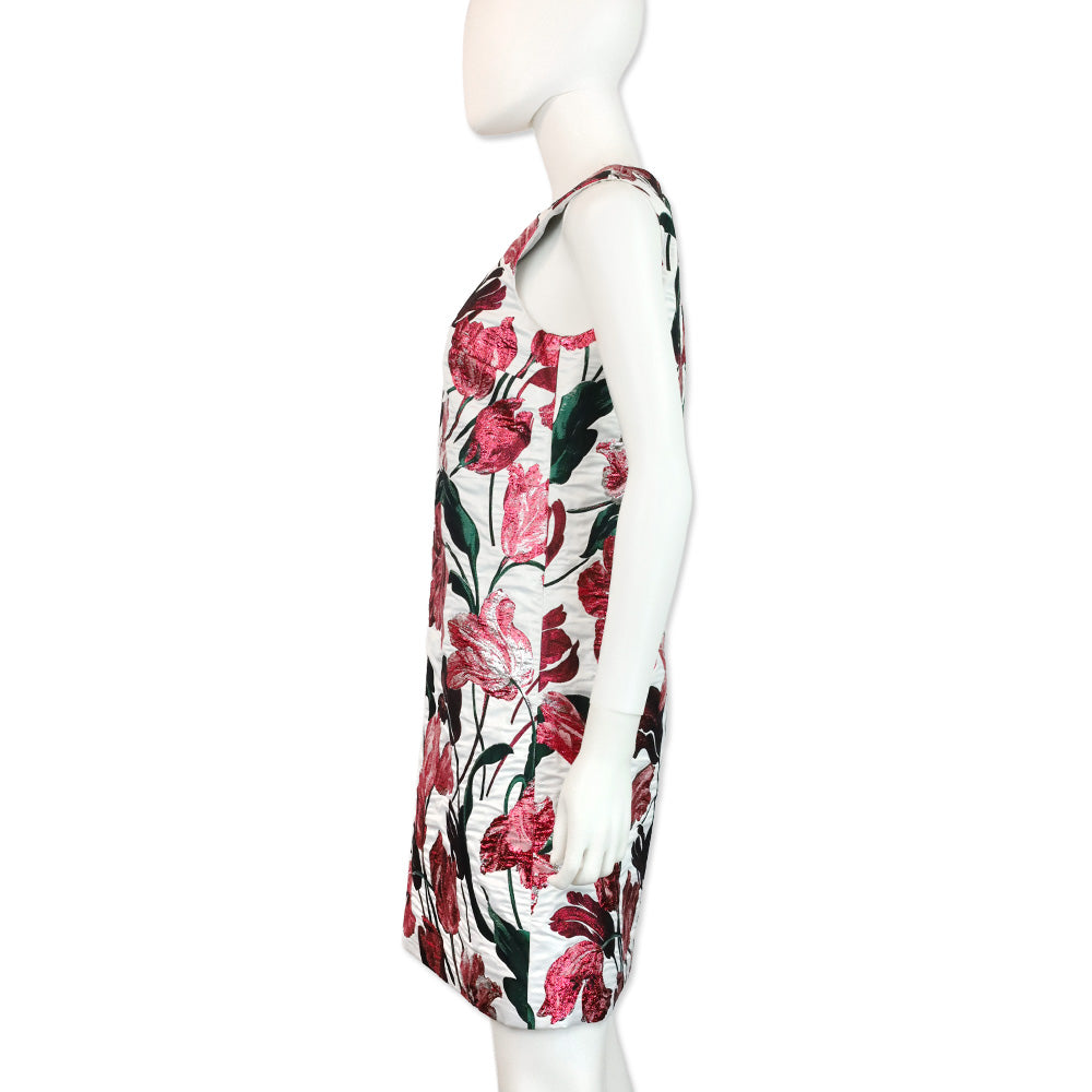 Carolina Herrera White Multi Metallic Floral Embroidered Sleeveless Midi Dress