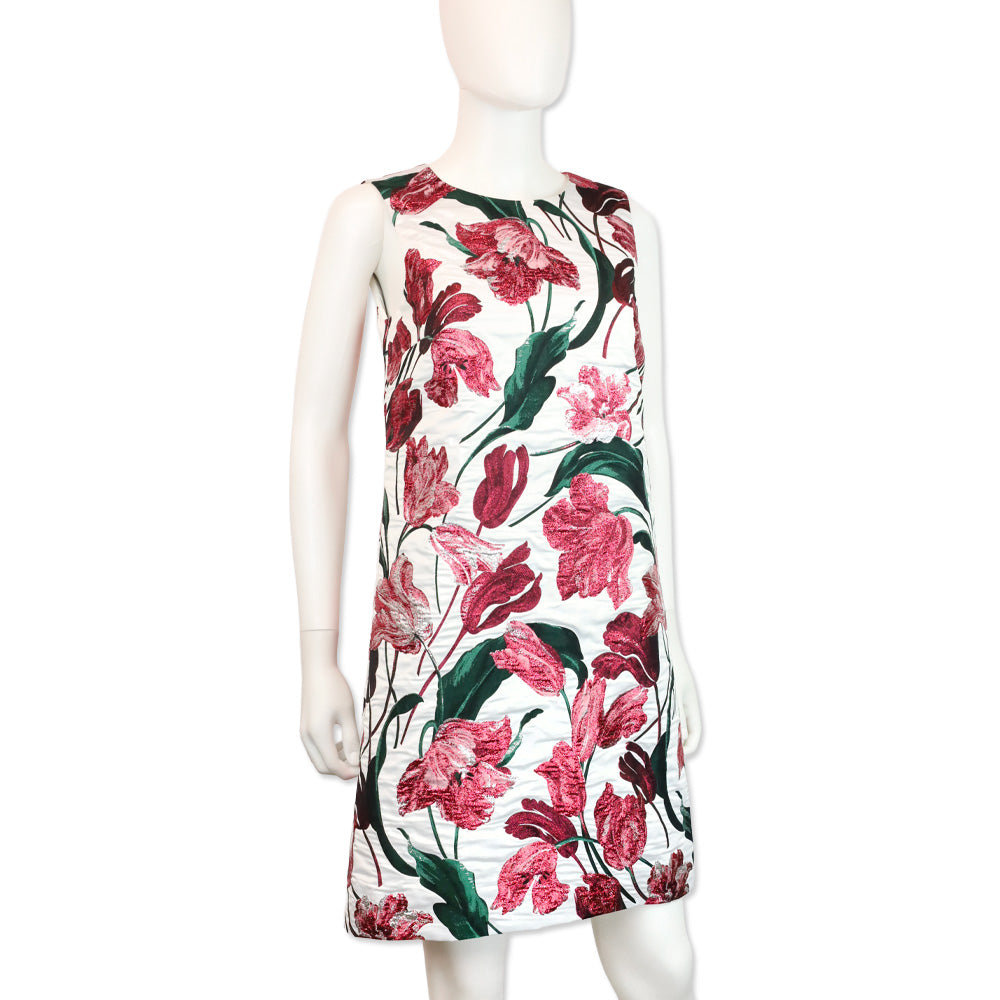Carolina Herrera White Multi Metallic Floral Embroidered Sleeveless Midi Dress