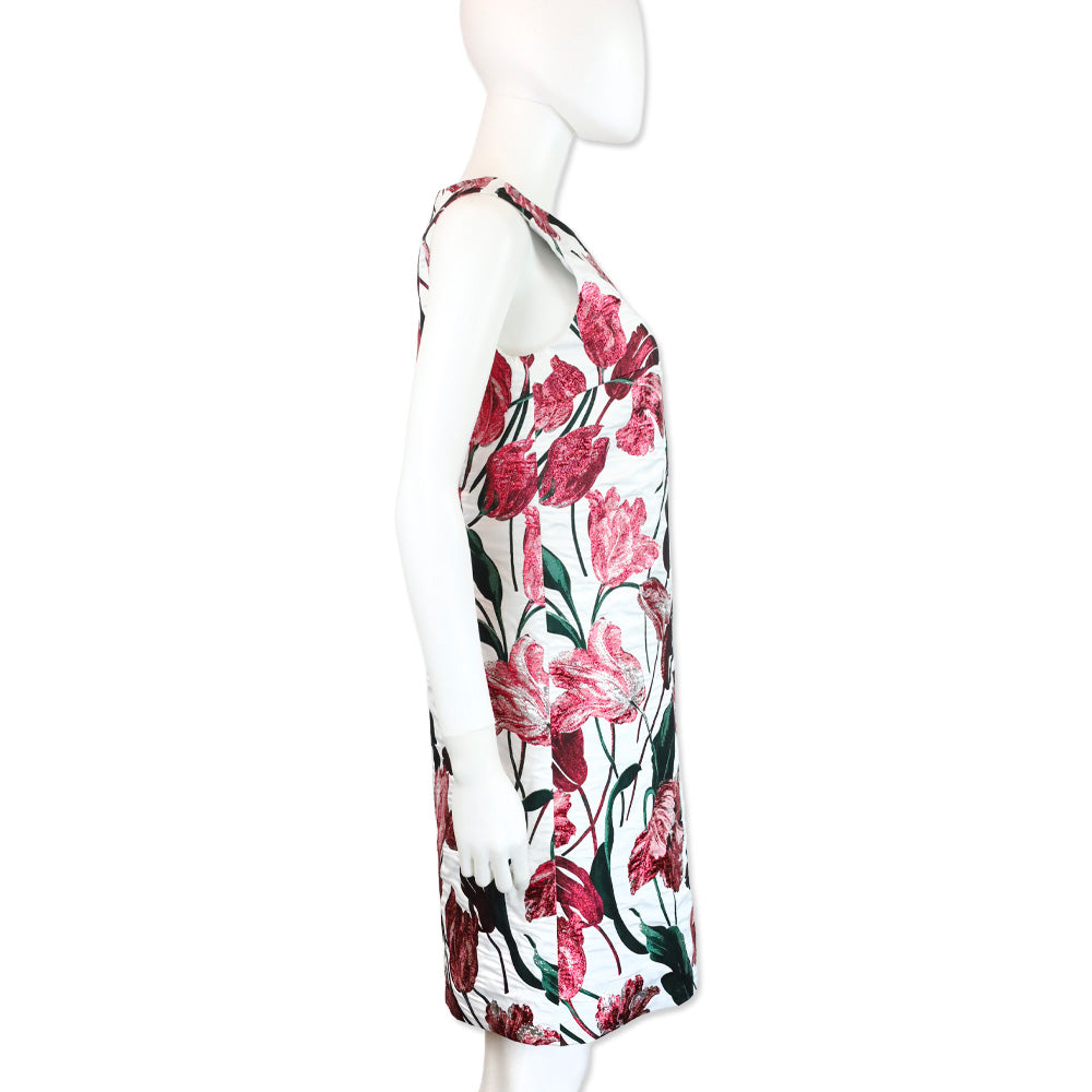 Carolina Herrera White Multi Metallic Floral Embroidered Sleeveless Midi Dress