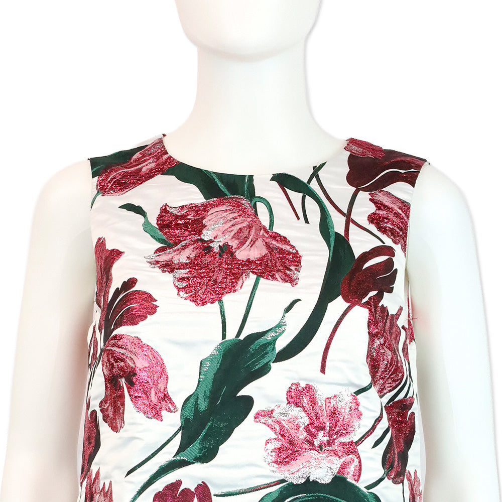 Carolina Herrera White Multi Metallic Floral Embroidered Sleeveless Midi Dress