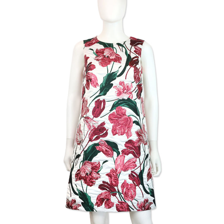 Carolina Herrera White Multi Metallic Floral Embroidered Sleeveless Midi Dress