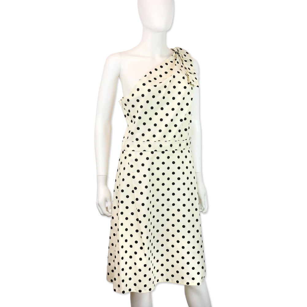 Carolina Herrera Off White/Black Polka Dot Cotton One-Shoulder Midi Dress
