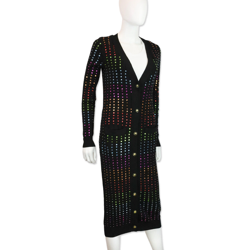 Caroline Constas Black Ribbed Knit Rainbow Sequin Long Cardigan