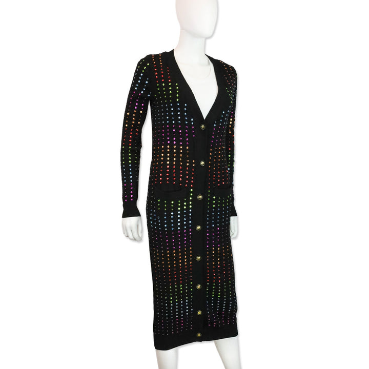 Caroline Constas Black Ribbed Knit Rainbow Sequin Long Cardigan