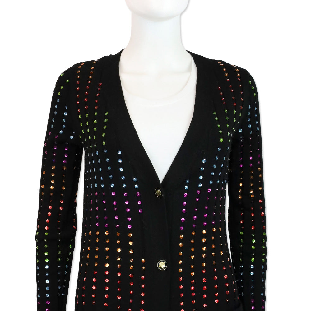 Caroline Constas Black Ribbed Knit Rainbow Sequin Long Cardigan