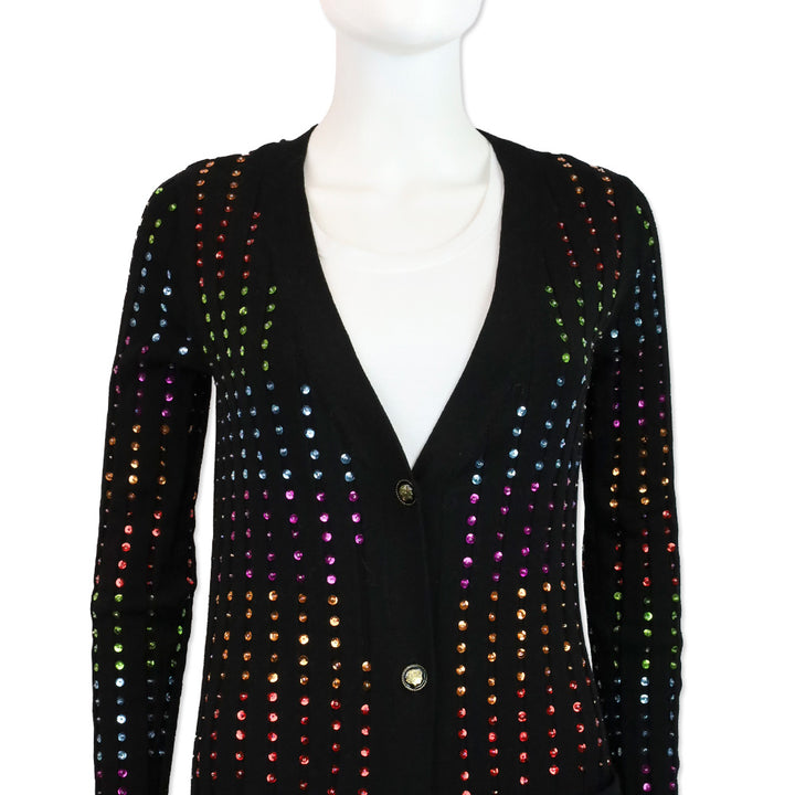 Caroline Constas Black Ribbed Knit Rainbow Sequin Long Cardigan