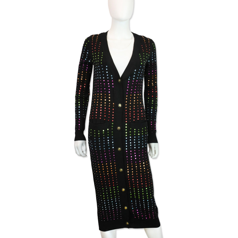 Caroline Constas Black Ribbed Knit Rainbow Sequin Long Cardigan