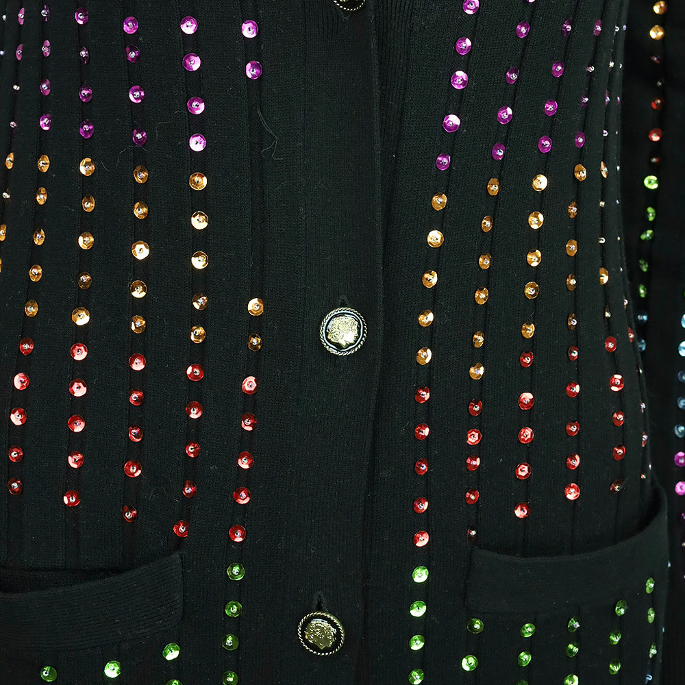 Caroline Constas Black Ribbed Knit Rainbow Sequin Long Cardigan