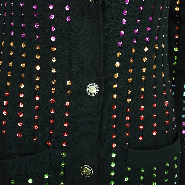 Caroline Constas Black Ribbed Knit Rainbow Sequin Long Cardigan