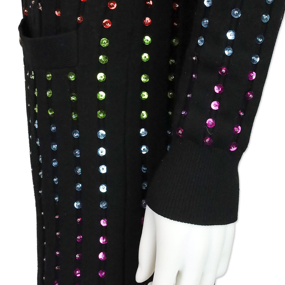 Caroline Constas Black Ribbed Knit Rainbow Sequin Long Cardigan