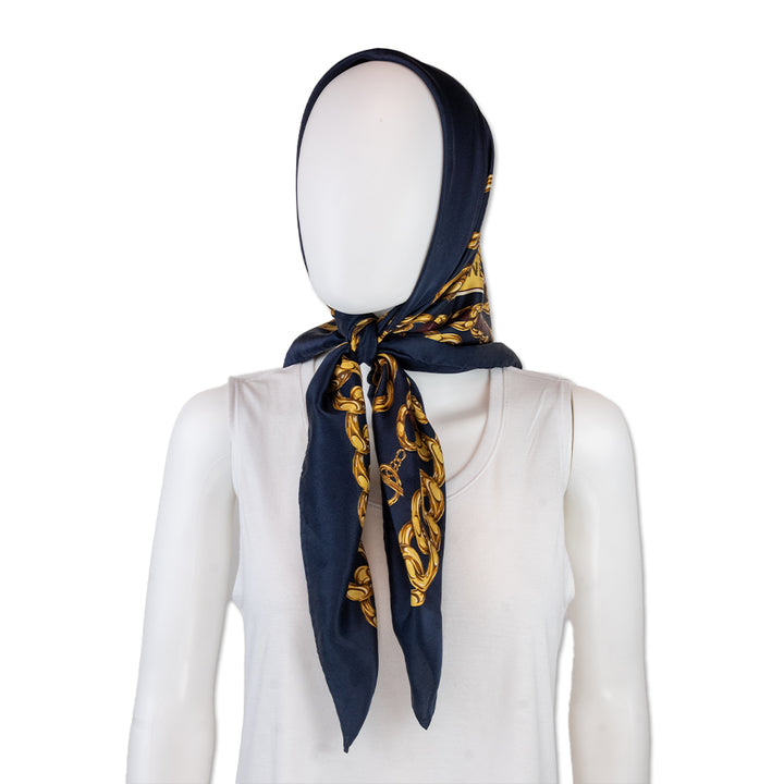 Chanel Navy Gold Chain Pattern Silk Scarf