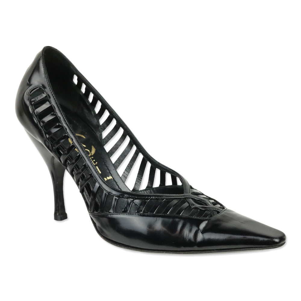 Casadei Black Patent Leather Caged Pumps