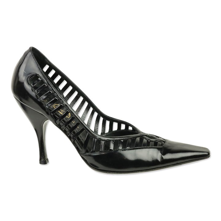 Casadei Black Patent Leather Caged Pumps