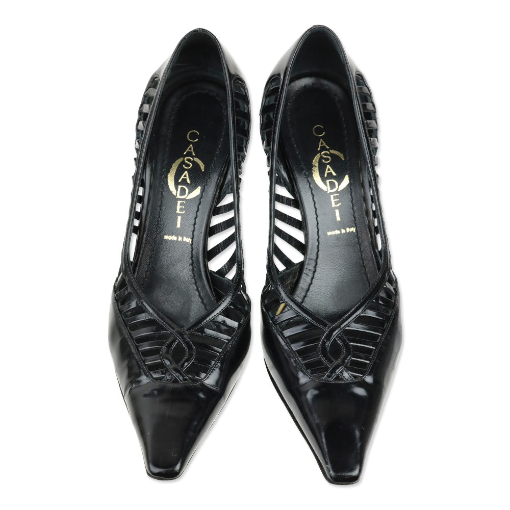 Casadei Black Patent Leather Caged Pumps