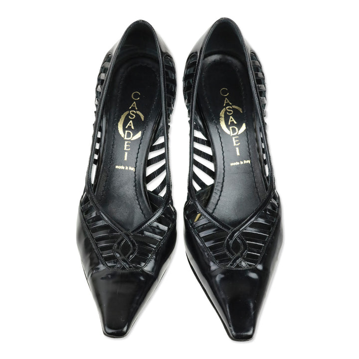 Casadei Black Patent Leather Caged Pumps