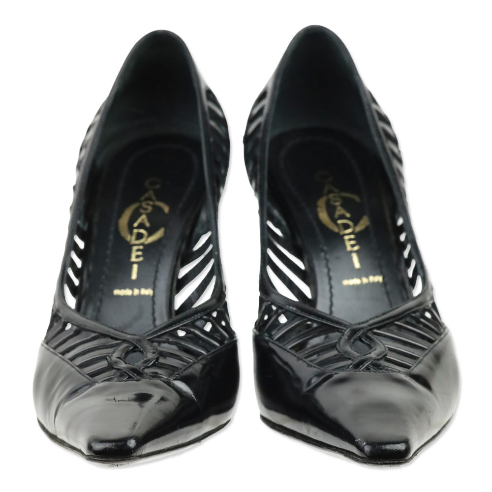Casadei Black Patent Leather Caged Pumps